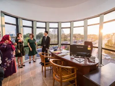 Clean, modern break room with coffee machine